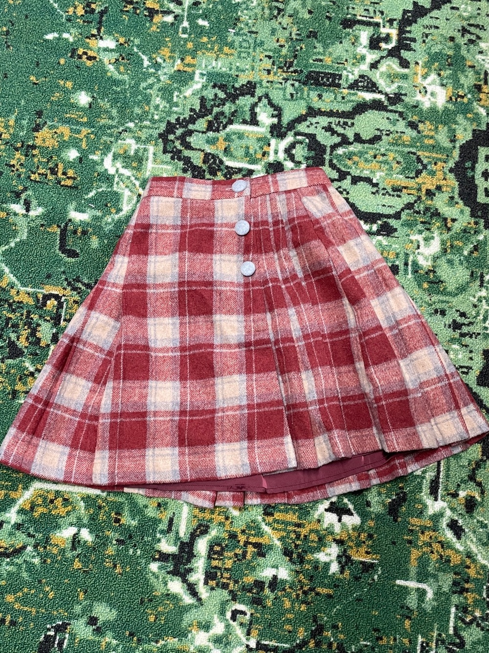 LaceMade Rosy Christmas Cottage Plaid Pleated Skirt XXS Vintage Coquette